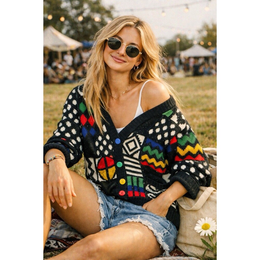 Vintage 90s Geometric Patchwork Cardigan Oversized Art Sweater Colorful Button - Picture 2 of 9
